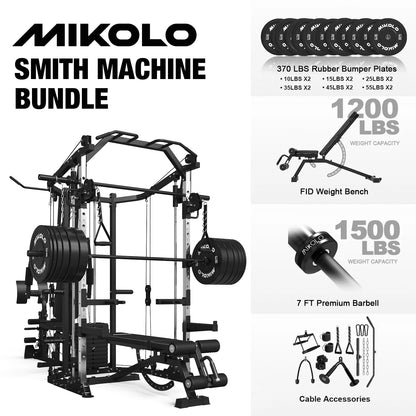 Smith Machine Power Cage, Multi-Function Home Gym System with Cable Crossover, 121LB Weight Stack