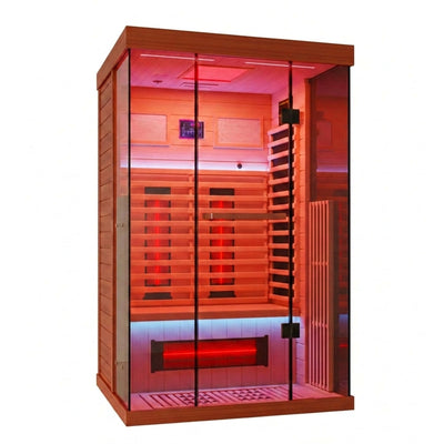 Full Spectrum Infrared Sauna，1-2 Person Home Sauna，Wooden Canadian Hemlock Indoor Spa Sauna with Resonance Speaker, Panoramic Tempered Glass Door