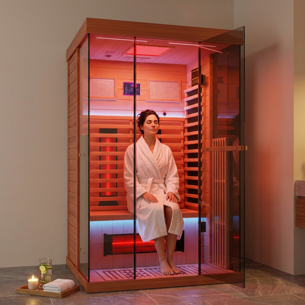 Full Spectrum Infrared Sauna，1-2 Person Home Sauna，Wooden Canadian Hemlock Indoor Spa Sauna with Resonance Speaker, Panoramic Tempered Glass Door