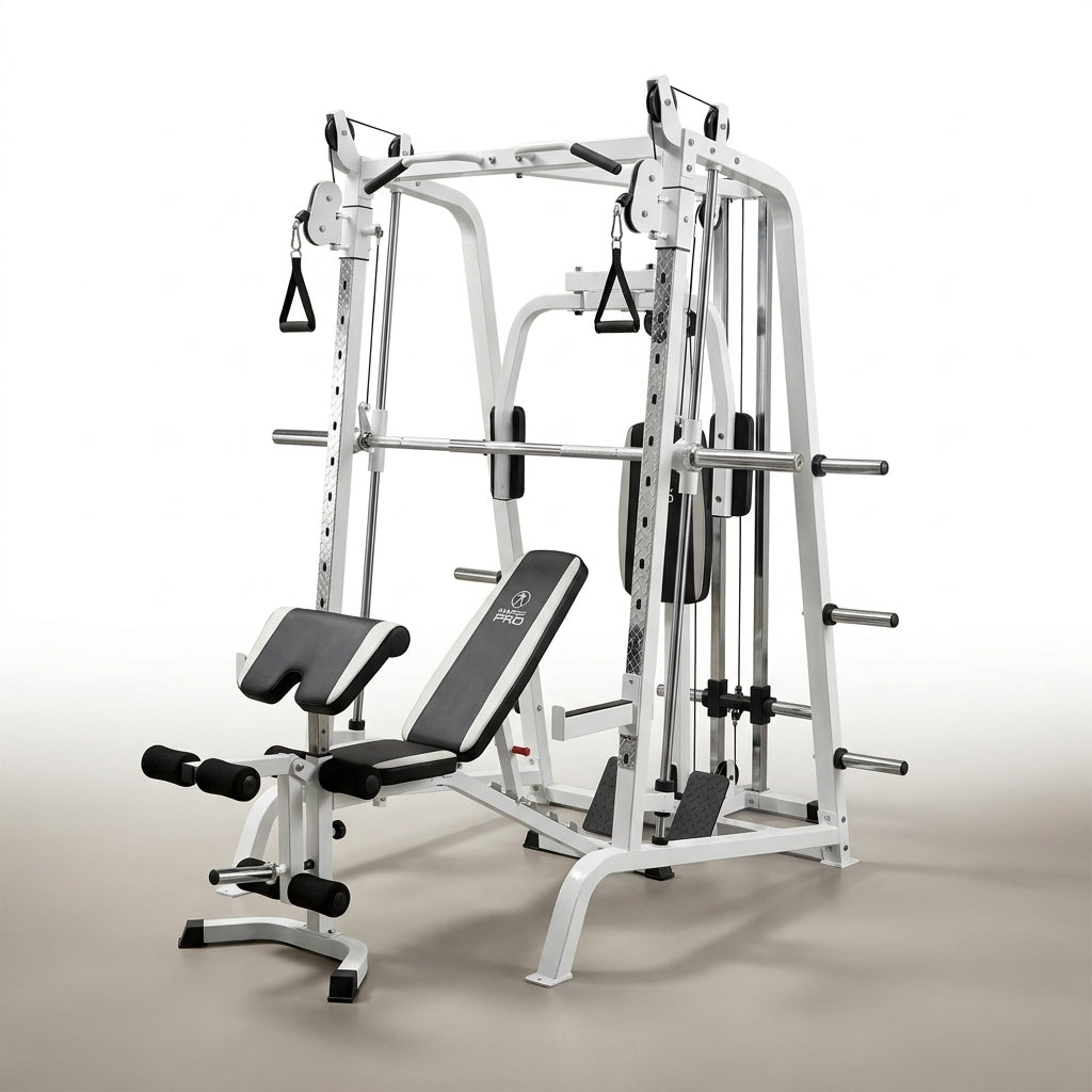 Pro Smith Cage Workout Machine Total Body Training Gym System, White — Studio Shot
