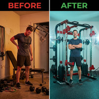 Smith Machine with Aluminum Pulley, 2200 Lbs Power Rack Cage with Cable Crossover, Weight Bar, 360° Landmine, Barbell Holders and Other Attachments, Total Body Strength Training Cage — Before & After