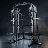 Smith Machine with Aluminum Pulley, 2200 Lbs Power Rack Cage with Cable Crossover, Weight Bar, 360° Landmine, Barbell Holders and Other Attachments, Total Body Strength Training Cage — Studio Shot