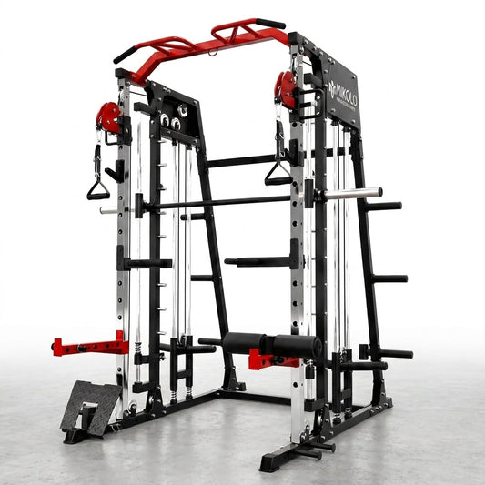 Smith Machine with Aluminum Pulley, 2200 Lbs Power Rack Cage with Cable Crossover, Weight Bar, 360° Landmine, Barbell Holders and Other Attachments, Total Body Strength Training Cage — Studio Shot