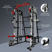 Smith Machine with Aluminum Pulley, 2200 Lbs Power Rack Cage with Cable Crossover, Weight Bar, 360° Landmine, Barbell Holders and Other Attachments, Total Body Strength Training Cage — infographic