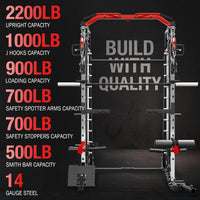 Smith Machine with Aluminum Pulley, 2200 Lbs Power Rack Cage with Cable Crossover, Weight Bar, 360° Landmine, Barbell Holders and Other Attachments, Total Body Strength Training Cage