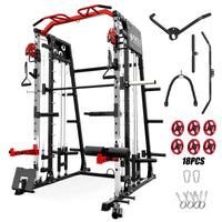 Smith Machine with Aluminum Pulley, 2200 Lbs Power Rack Cage with Cable Crossover, Weight Bar, 360° Landmine, Barbell Holders and Other Attachments, Total Body Strength Training Cage