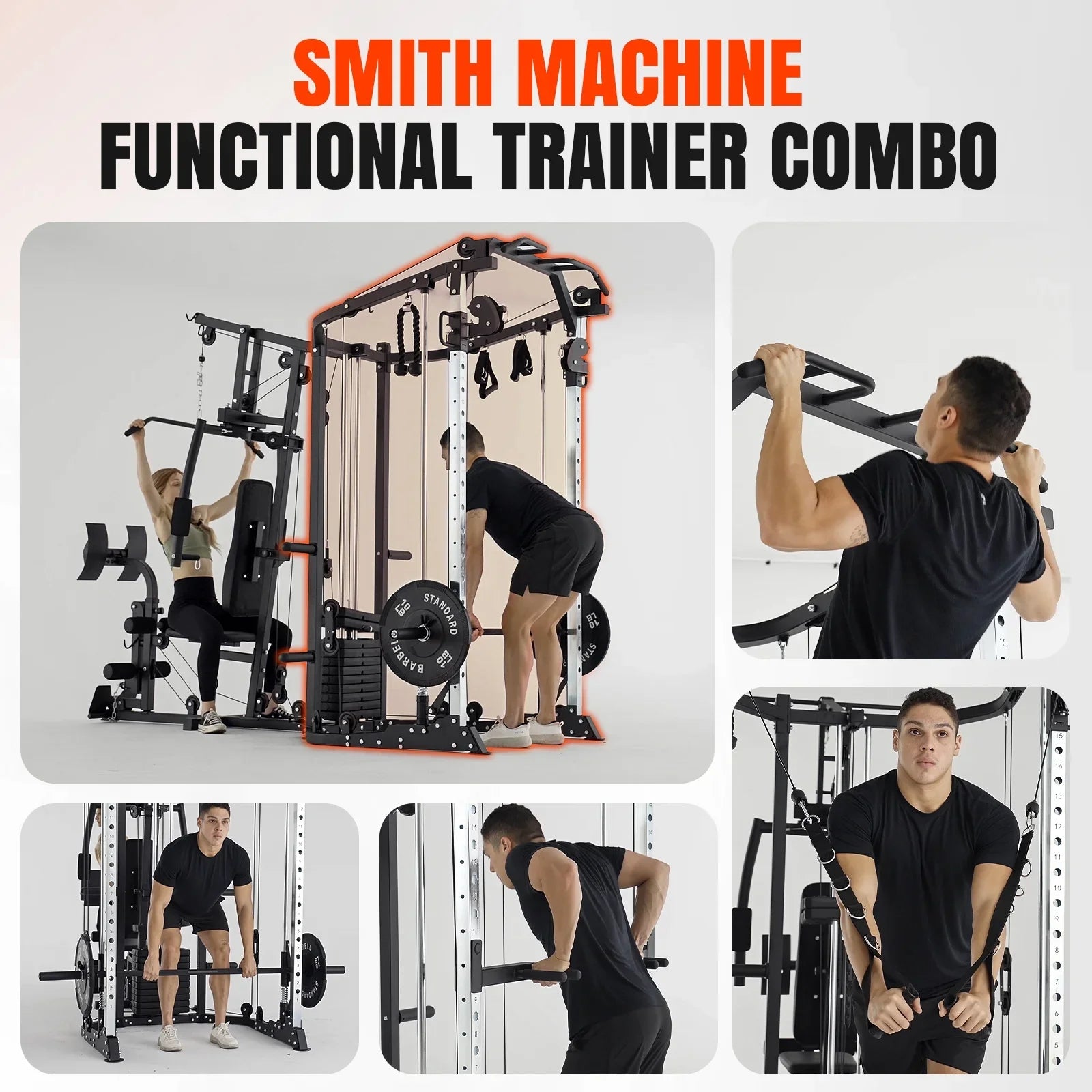 Smith Machine Power Cage, Multi-Function Home Gym System with Cable Crossover, 121LB Weight Stack