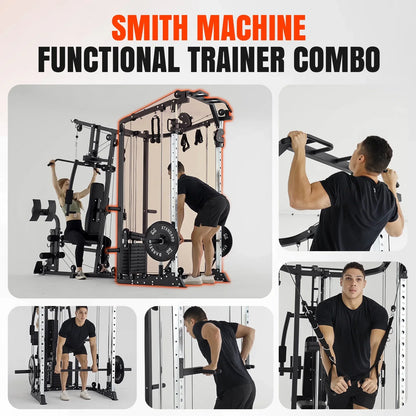 Smith Machine Power Cage, Multi-Function Home Gym System with Cable Crossover, 121LB Weight Stack